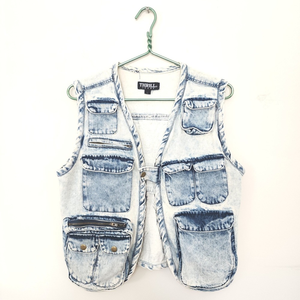 Y2K Thrill Jeans Acid Wash Denim Utility Fashion Vest Multi Pockets L Gorpcore